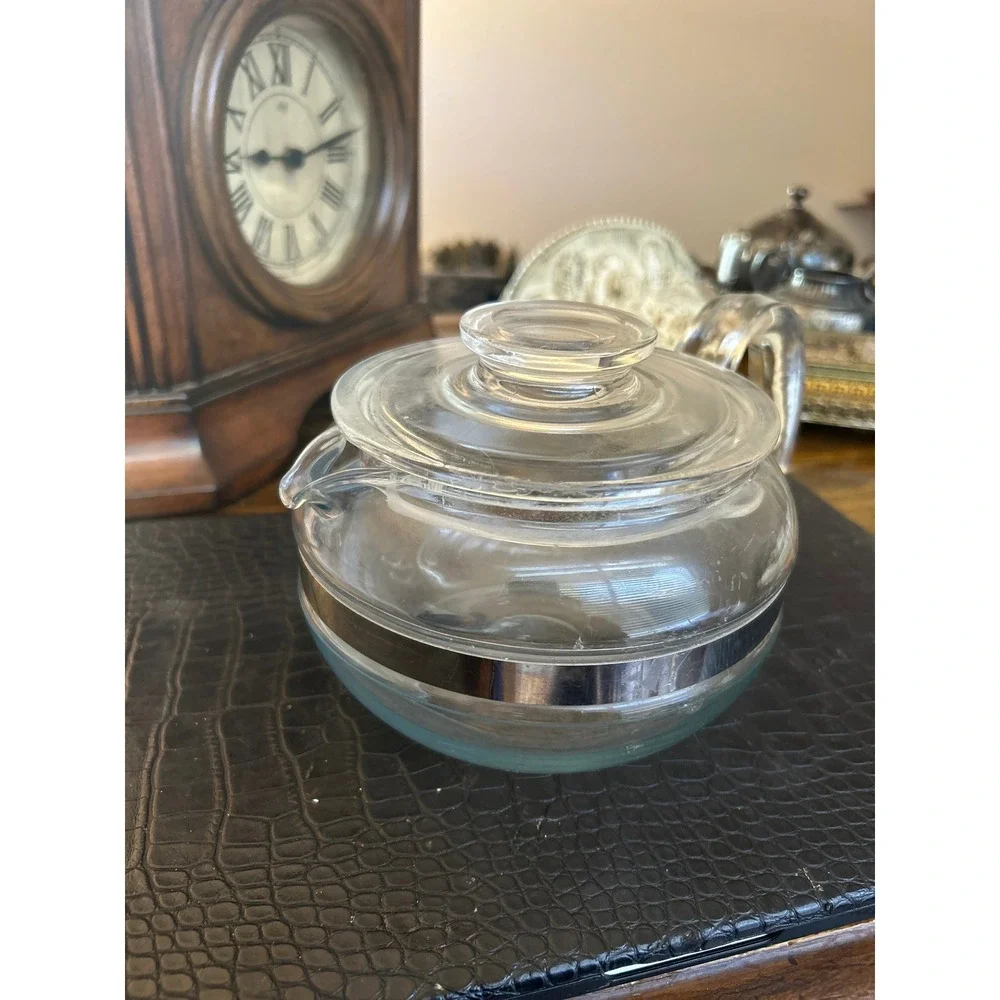 Vintage Pyrex Glass Teapot with Lid and Stainless Steel Band Clear Handle MCM